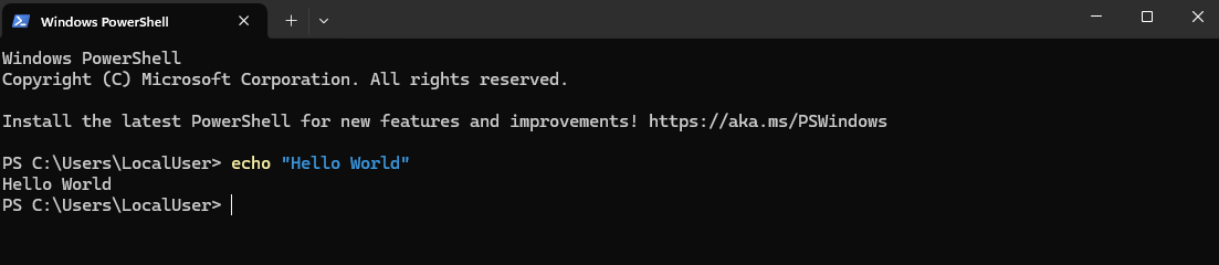 Terminal running echo hello